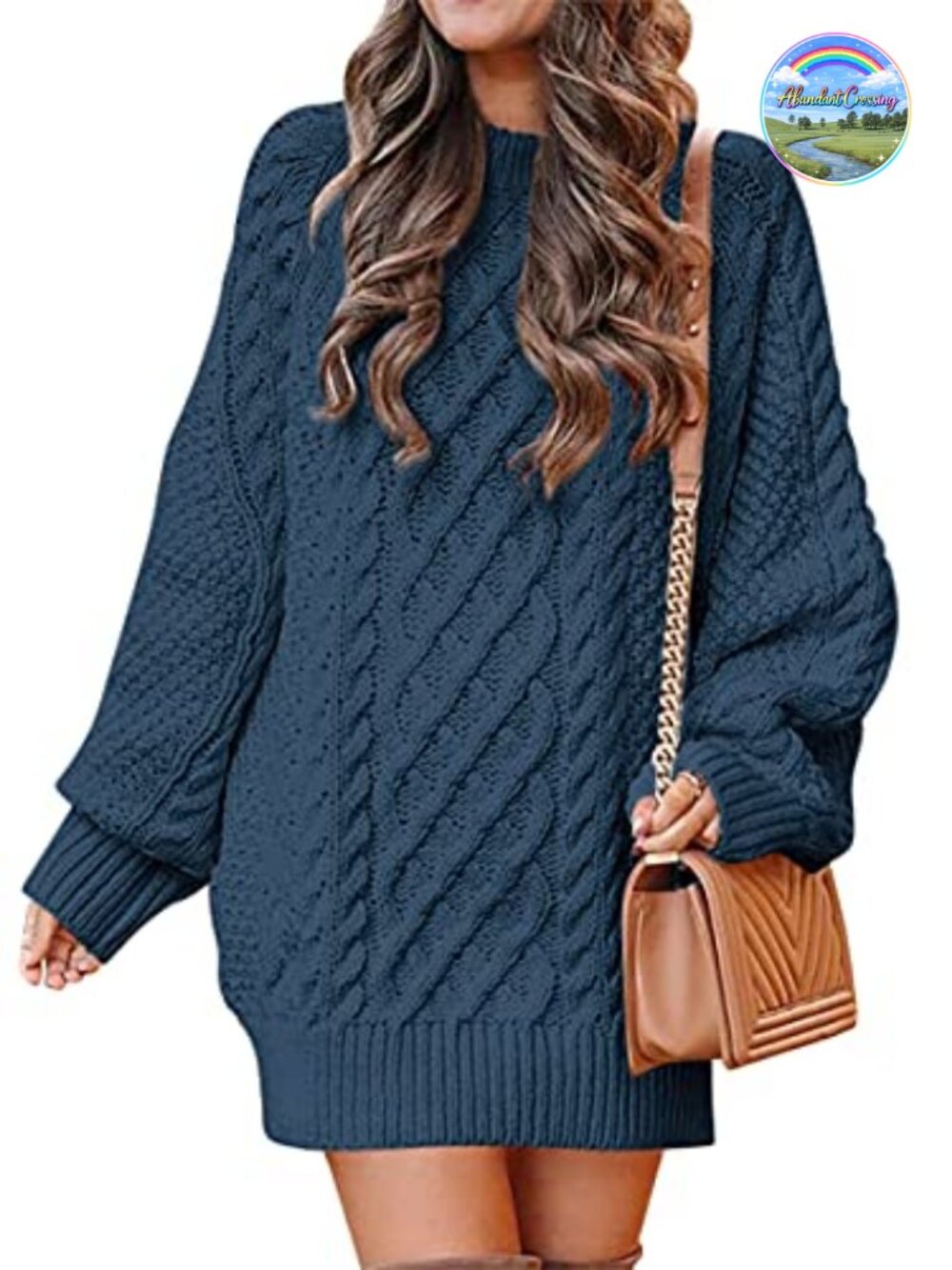 Oversized Cable Knit Mini Sweater Dress Crewneck Long Sleeve